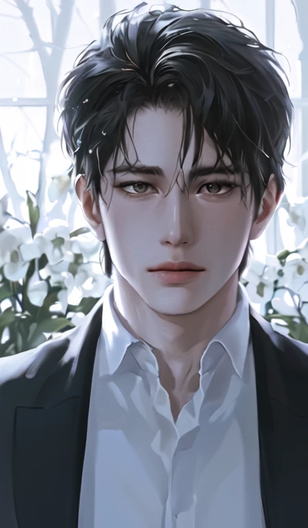  1 man , portrait, beautiful handsome man, Alone, lips,  Male focus, random color,  looking at the viewer,  short hair , black gentle expression,  suit， black hair