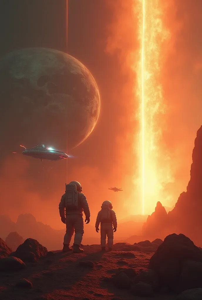 An 8K UHD ultrarrealistic image of ancient astronauts landing on Earth, with glowing spaceships and a dramatic atmosphere. The scene is vibrant and awe-inspiring, with detailed textures of the astronauts and the glowing light. The background is soft and bl...