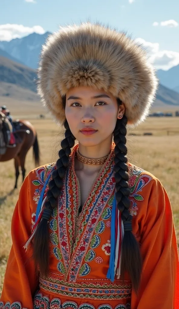 A beautiful young Thai Chinese woman，wearing traditional Mongolian clothing, Wearing a fur hat，Exquisitely embroidered, Werner Sidi Verkhom na Chernoshada First place, Open grassland. landscape includes rolling hills and snow-capped mountains in the distan...