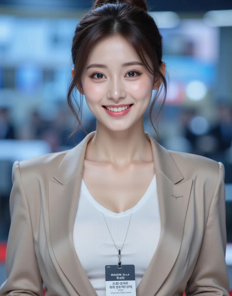 ( A super cute busty Korean female announcer with a microphone between her cleavage is sharing the news:1.2)(smile:1.1)(Very surprised expression:1.2)(16k,  RAW photos , highest quality, masterpiece: 1.2),(A cute bun hairstyle with shiny brown hair) Super ...