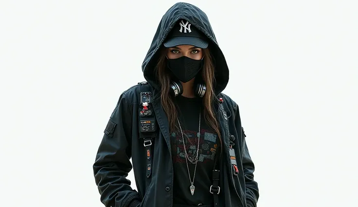 movies , raw ,  The sexy female is wearing sexy cyberpunk style clothing.  .  She's wearing a cyberpunk mask . She's wearing a black New Era Cap. , , a futuristic jacket with a hood  . Neckband headphones,  and a utility belt over the hood .  This outfit c...