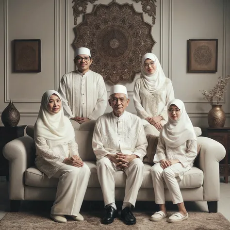 Indoor formal photo. Five Indonesian family members: a 65-year-old grandfather with smooth skin wearing a white peci, a 60-year-old grandmother wearing a hijab, a 35-year-old man wearing a white peci, a 30-year-old woman wearing a hijab and glasses, and a ...