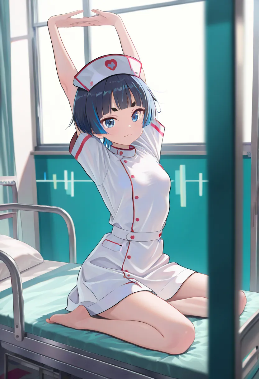 (Masterpiece, BestQuality:1.2),vibrant colors, post-grunge, intricate details, detailed depiction,
young girl stretching,solo. foot behind head,yoga ,
(ecstasy:1.0),. on hospital bed.:3,cat eyes,
(wearing nurse outfit),
BREAK (16yo,(darkblue hair, wavy-sho...