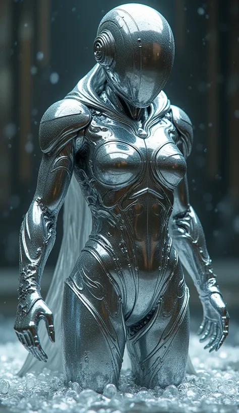 Create an image of a humanoid being in futuristic combat gear, That is just forming from a shiny, silver-colored metal liquid. The humanoid body should still be partially submerged in the liquid substance, with flowing,  metallic details ,  that reflect li...