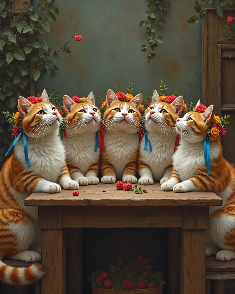 A choir of five adult cats sits at a wooden table, cats sing, cats' mouths are rounded, a Ukrainian wreath with flowers and long ribbons is open on the heads of some cats,  Realism style 
