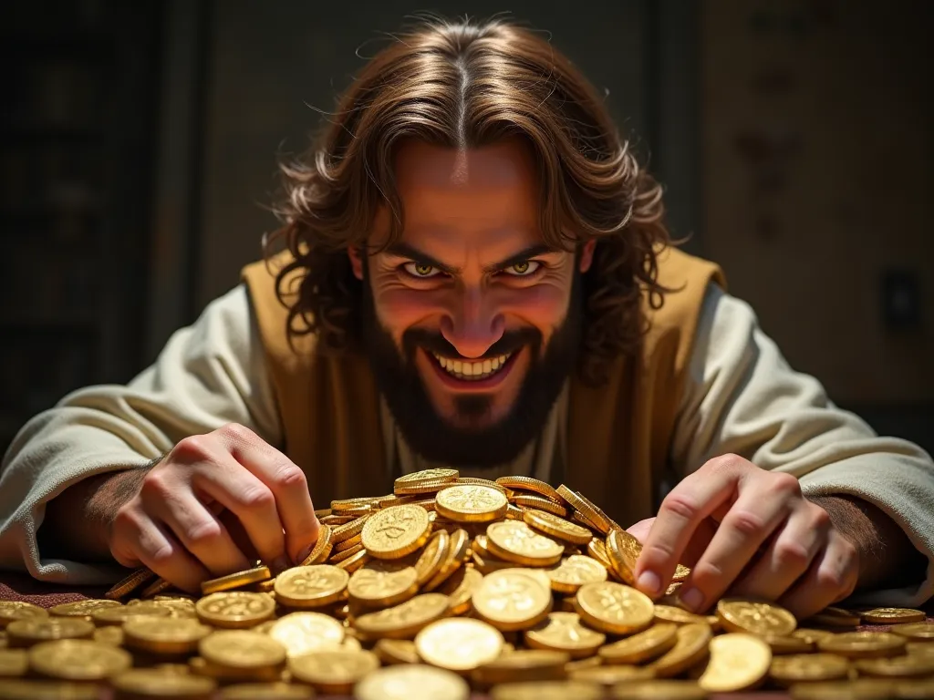 Greedy brown haired slim apostle smiling man  counting gold coins eyes open