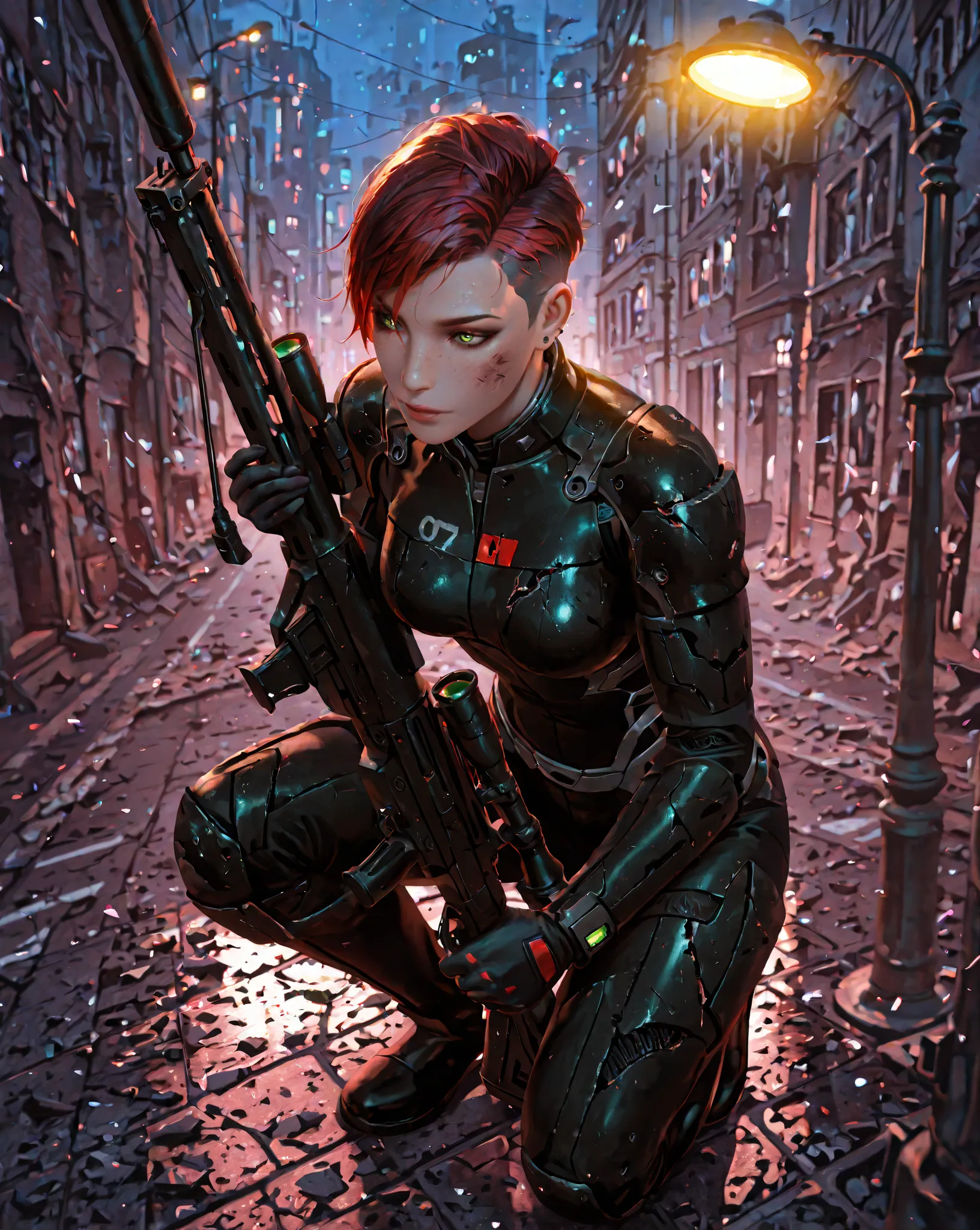 Photograph, photorealistic, 1woman, solo, femshepxl, crimson hair, messy bun hairstyle, (undercut hairstyle:1.32), emerald green eyes, (black and red) N7 armour, damaged armour, medium breasts, ((all-black) anti-materiel rifle:1.22), city ruins, aiming whi...