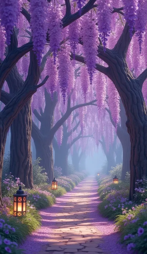 Imagine a delightful scene, filled with detail and charm. On it you will see the, framed by trees with gorgeous purple flowers, that cascade, almost touching the ground.

trees, path like giant tunnels, intertwined with branches, creating a truly magical a...