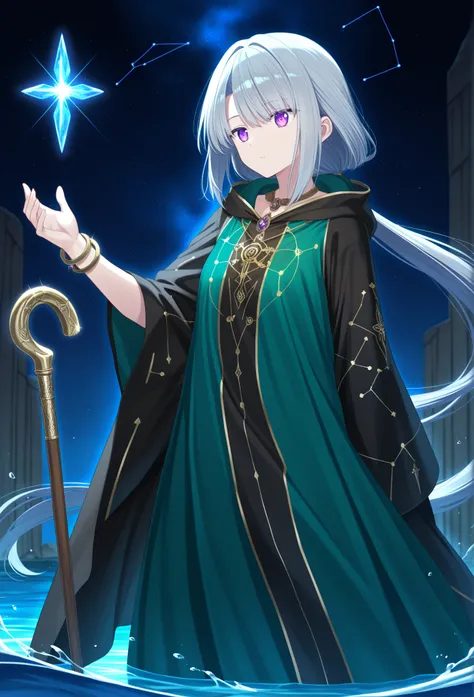 
character appearance
Hairstyle: long flowing silver hair、is dyed blue
Eye: Glowing purple eyes、emits a mystical light
Skin:  bright skin、feels slightly crystal clear

outfits

Outerwear: Constellation Embroidered Black Robe、hooded
Underwear: green robe wi...