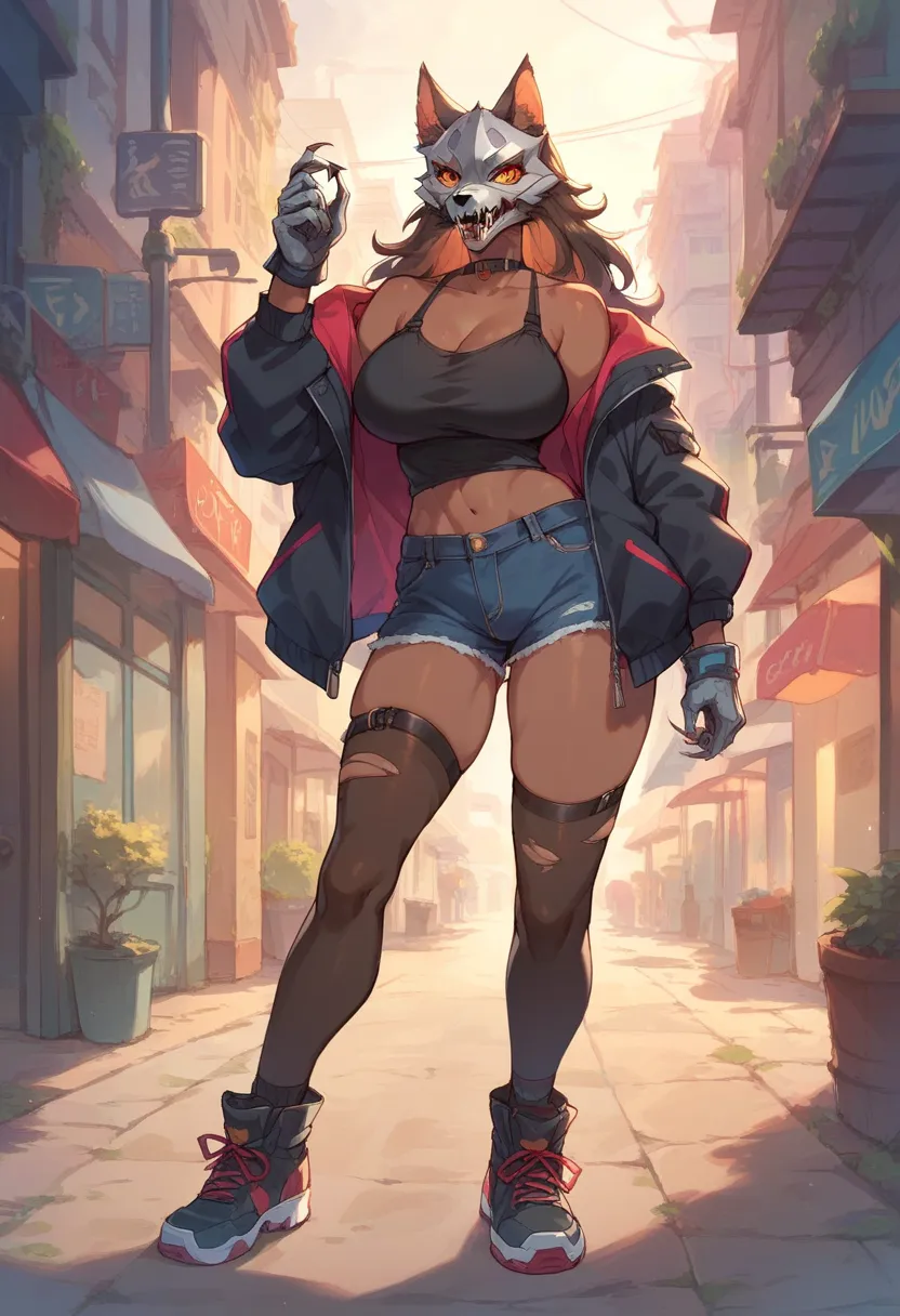 a girl dark brown skin high-tech Black werewolf mask big breasts High tech black shirt black jacket Steel Wolf Claw Gloves sci-fi city full-body shot

