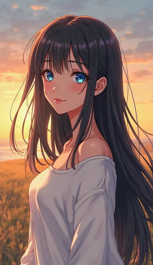  
"A beautifully illustrated anime-style portrait of a young woman with long, flowing black hair and striking blue eyes. She is gazing into the distance with a calm, confident expression, her lips slightly curved in a soft smile. She wears a simple white, ...