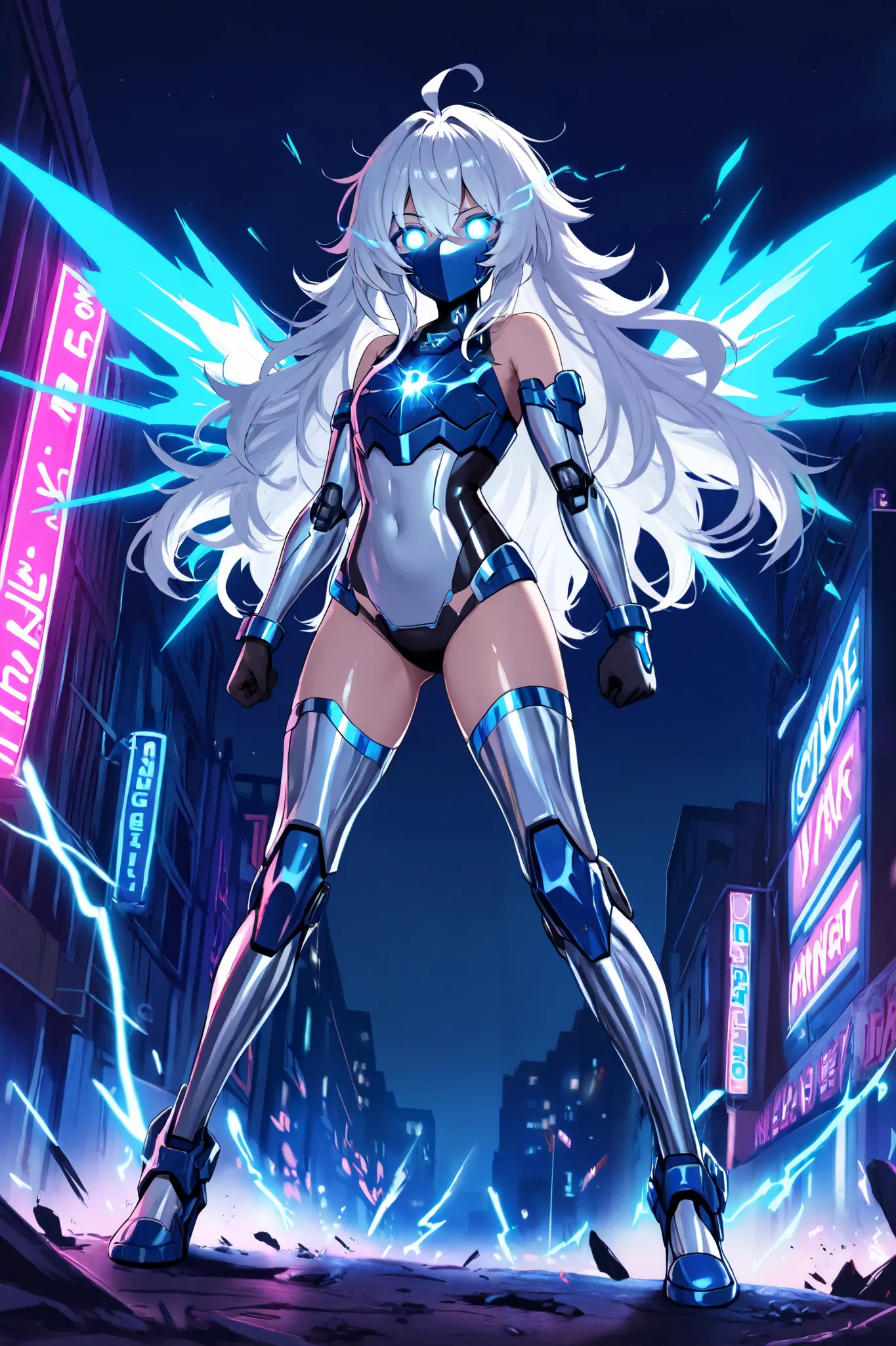 Menacing pose, neon lighting, outdoors, (neon) night, break, 1girl, solo, college, cybernetic legs, long hair, ahoge, fluffy hair, (Shiny white hair), (blue glowing eyes) (bare shoulders), break, white body, chest armor, blue core energy on chest, blue ene...