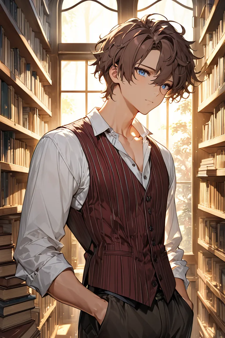 A lively and expressive anime-style young man with striking blue, sparkling eyes stands in a cozy study, surrounded by towering bookshelves filled with classic, well-worn hardbacks. His tousled brown hair falls naturally, with finely detailed strands catch...