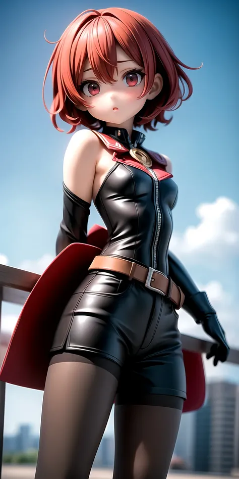 1girl, solo, short hair, red hair, perfect face, red eyes, looking at viewer, cute, :o, parted lips, thin, flat chest, red general outfit, belt, black pantyhose, cowboy shot, clockwork city in background, masterpiece, high resolution, best quality, 