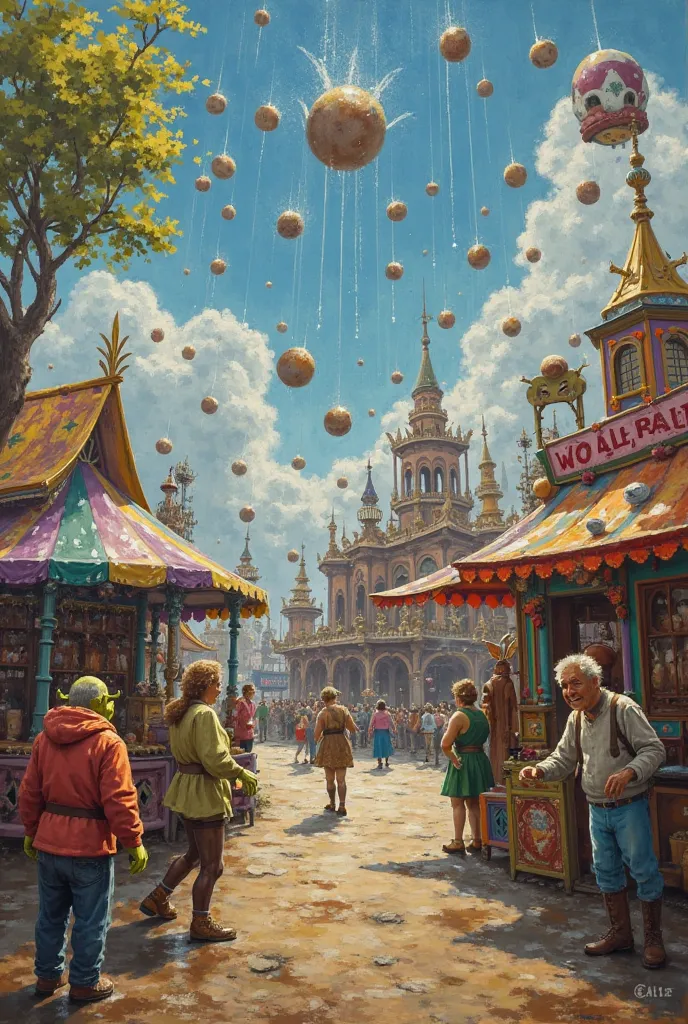 Oil painting. The background is from a Shrek-themed amusement park where chestnuts and lentils are raining. 