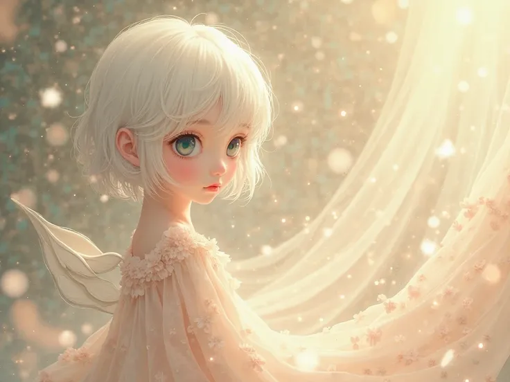 pale blossom,2.,#、  One girl,Cute、Soft color solutions、warm, antique colors, anime, 2d, anime,  white short hair, delicate dress 