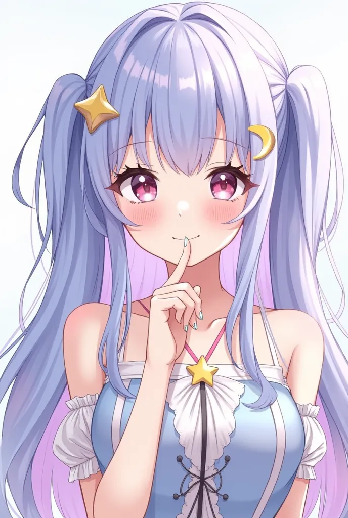 The line art is also detailed and the painting method drawn with a delicate touch is sparkling and detailed。The painting method drawn with a delicate touch in a life-size illustration、girls with light blue and purple hair and full bangs、Wear a crescent moo...