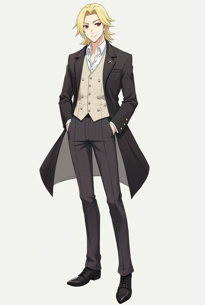 Name:Satoshi
Age:45
Weight :78 kg
Height:1,80 meters
Body Type:medium muscular
Hair Color:Blonde
Eye color:red
How do you wear:  silver earrings ,three-piece suit, with two or three buttons
White shirt
vest
Long overcoat
pleated or flat front pants
Braces
...