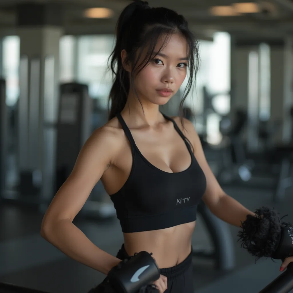 A very hot and sexy Thai woman, 25 years old, with a beautiful and slim body, thai girl, very sexy 25 years old, black hair, pony tail hair, fit body, slim face, slim legs, black eyes, workout at the gym, wearing black laggings, sport bra, white shoes, nik...