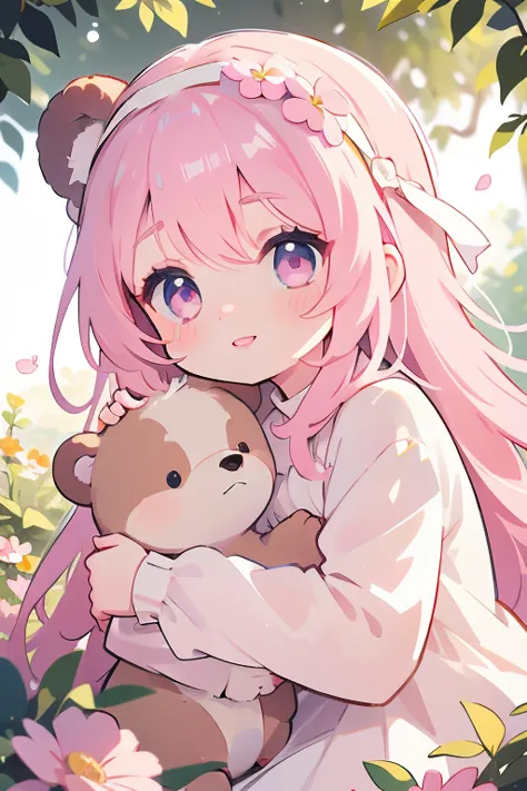 . Pink-haired girl wearing a bear headband, dressed cute and hugging five bears.  background is light pink and white . Eyes are pink . Look at the stars