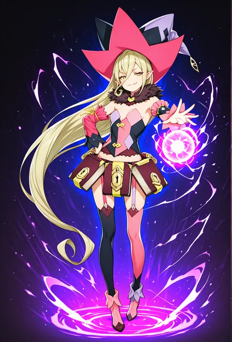 masterpiece, best quality, 1girl, solo, M4gil0u, green eyes, pointy ears, blonde hair, very long hair, hair between eyes, witch hat, fur collar, multicolored vest, strapless, detached sleeves, mismatched sleeves, book skirt, asymmetrical legwear, thighhigh...