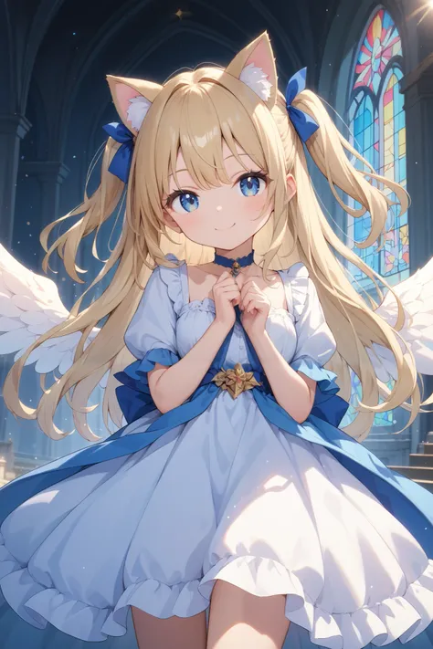 front view、standing up picture、
天使の女の子が教会に standing on stomach、
1 girl crouching, standing on stomach、smile、 long hair, Gold, two side up, 6 white wings、blue eyes, circle of angels in dark, Cat ears, cute face、White Dress、
photos、
High Resolution, mast...