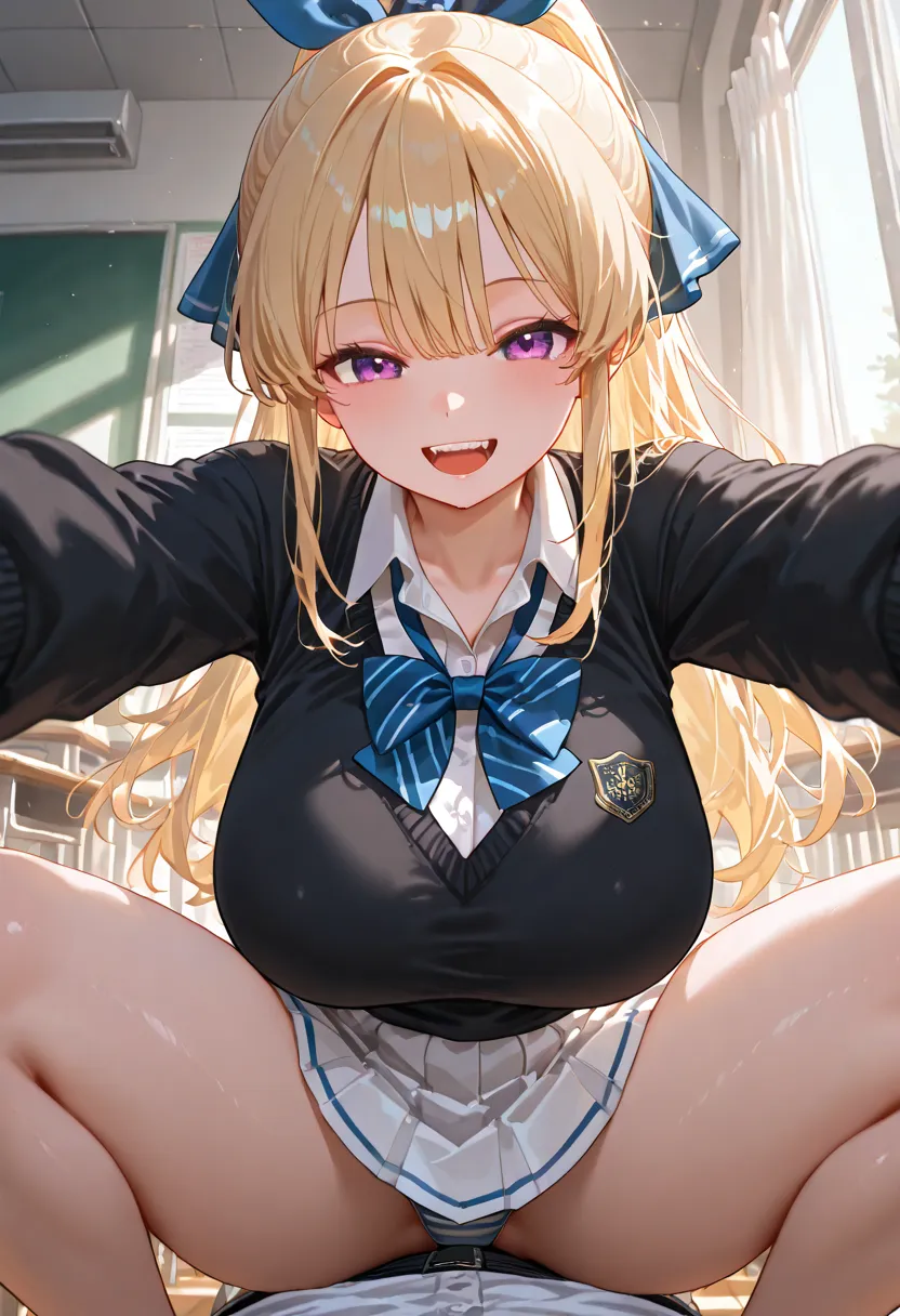 1 girl crouching, Alone, long hair, viewer, , smile, open your mouth, big breasts, blond hair,  Long Sleeve, standing, underwear, school uniforms, purple eyes, hair ribbon, ponytail,  thighs, :d, pleated skirt, color shirt, indoors, Striped clothing, Cloth...