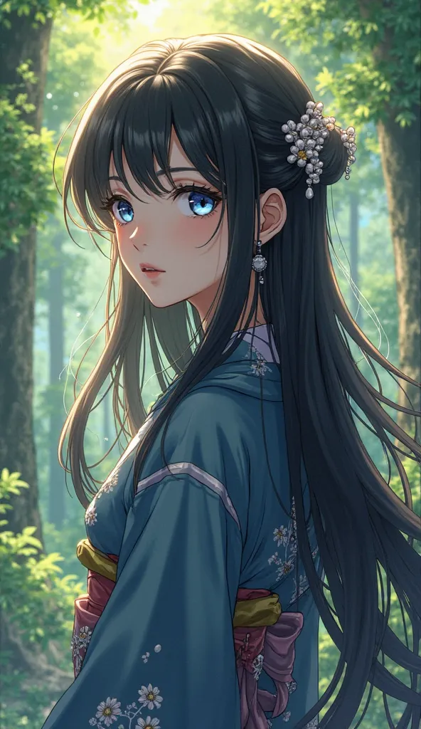 A beautifully illustrated anime-style portrait of a young woman with long, flowing black hair and striking blue eyes, gazing into the distance with a pensive expression, 4k, high resolution, masterpiece, ultra-detailed, realistic, photorealistic, HDR, UHD,...