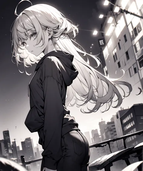 pale tones, monochrome, Awesome man, Long bangs, hipster girl,  A slim girl ,  gray hair , upper chest image, monochrome, black,  hoodie blouse , no background, City at night, From the side、black clothe、black costume, Also