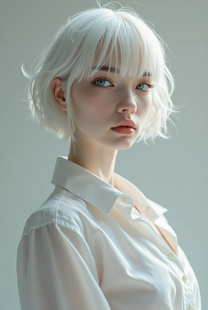 Create an image of Ta An sexed five short white hair, blue eyes 180cm tall with an exuberant beauty, with a sophisticated face — attractive but also distant,  Cold . Ta An wears a white shirt

