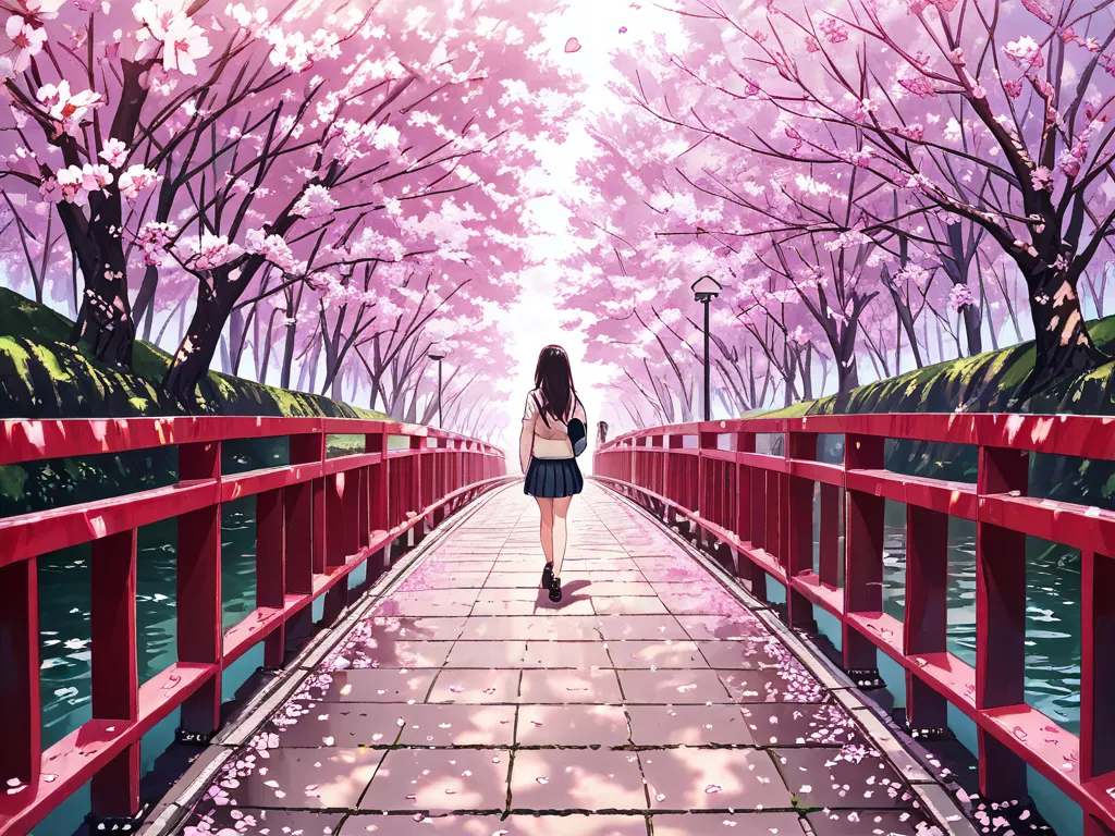 A Japanese Girl high school student was walking across the bridge. Among the Pink cherry blossoms, seen from the Back side Full body 
way to school 
Saw a house next to the river that had a leak.