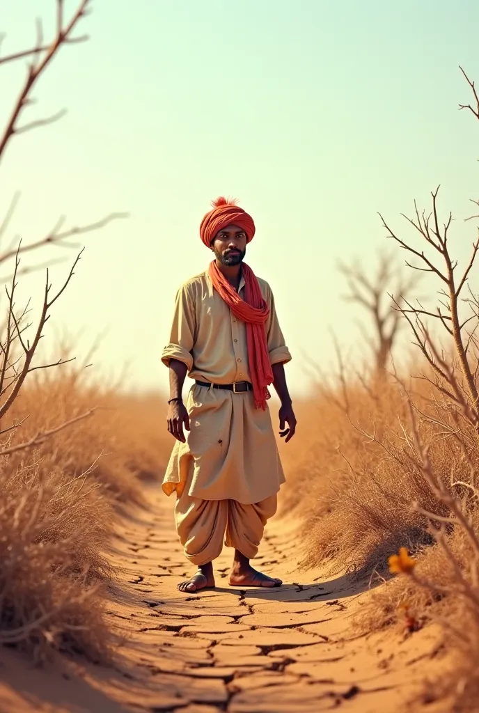 "Ahmed, a 40-year-old farmer, wearing a traditional dhoti and kurta with a turban, stands worried in his barren field. The cracked earth stretches beneath his feet, with dried-up trees and withered plants around him. His face reflects deep concern as he lo...