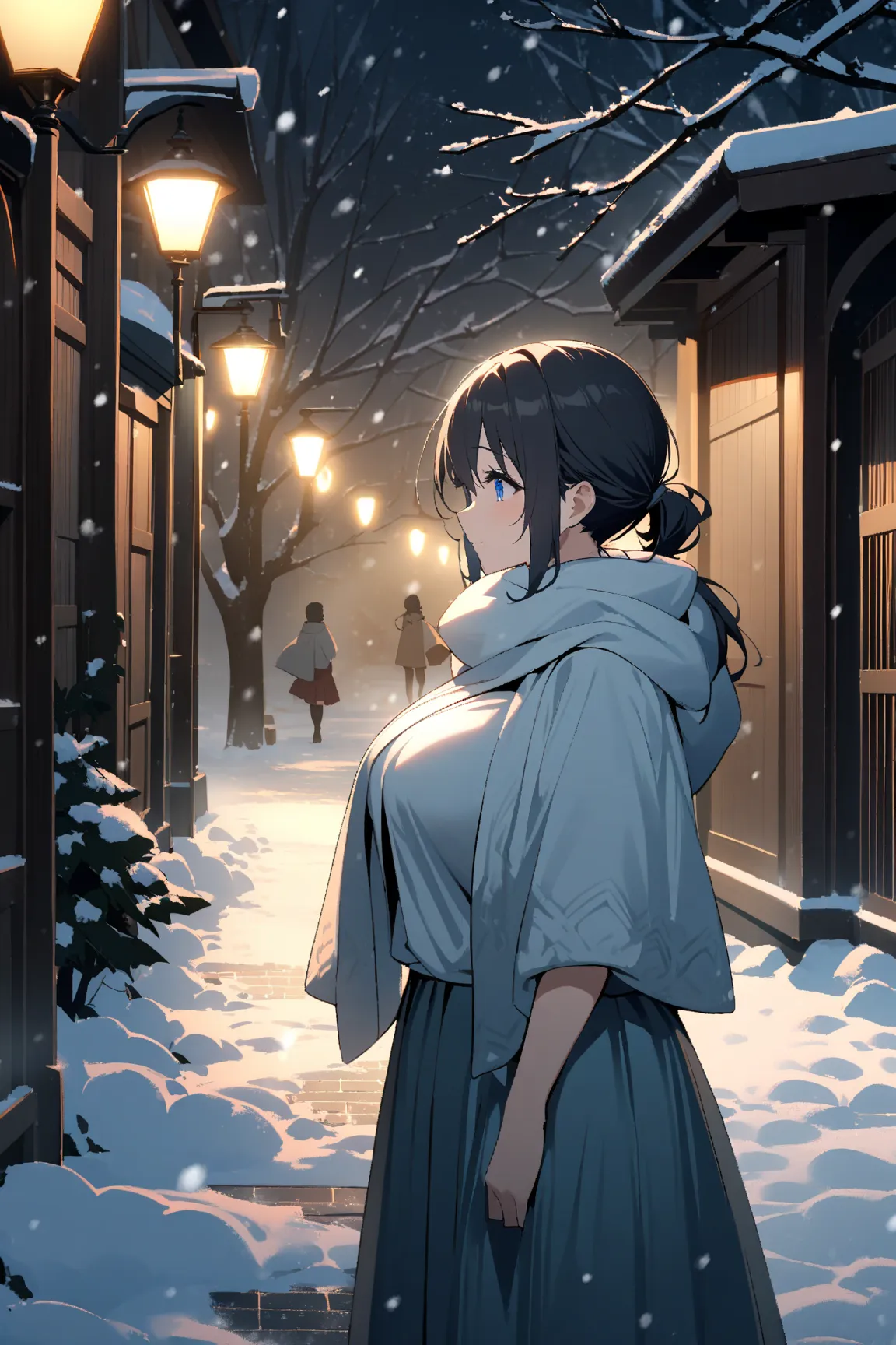 1 girl crouching、black hair short ponytail、cute face、 Blue Eyes 、droopy eyes、enveloping tenderness、quiet and calm atmosphere、Fantastic Atmosphere、big breasts、 light blue kimono、knee-length skirt、scarf cloak、Carrying a sword、it's snowing、snow is piling up、B...