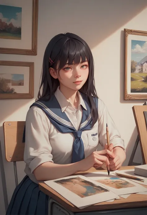 Girl, dark hair, bangs, school uniform, painting on canvas, large campus
