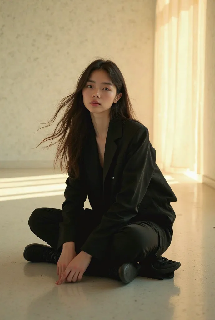 A girl with long hair, she is sitting on the floor in a black jacket, this is a modern style photo shoot, the photos are light and a lot of aesthetics, you can add sunlight