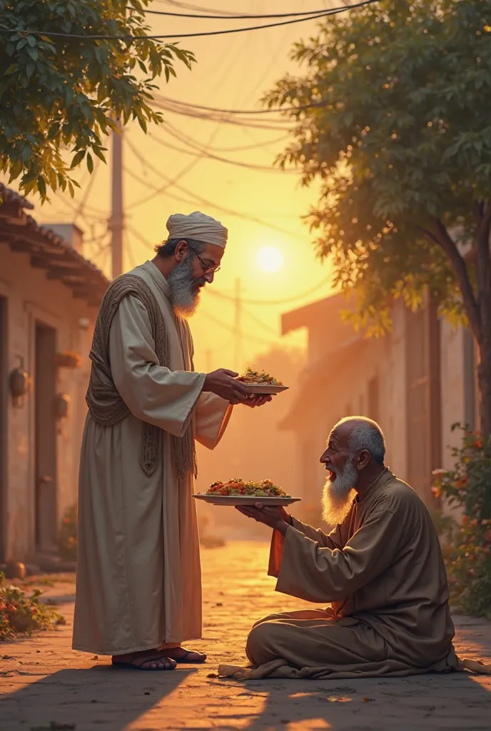 "Ramadan Kareem, a  sharing food with a poor man at sunset, warm and peaceful atmosphere"