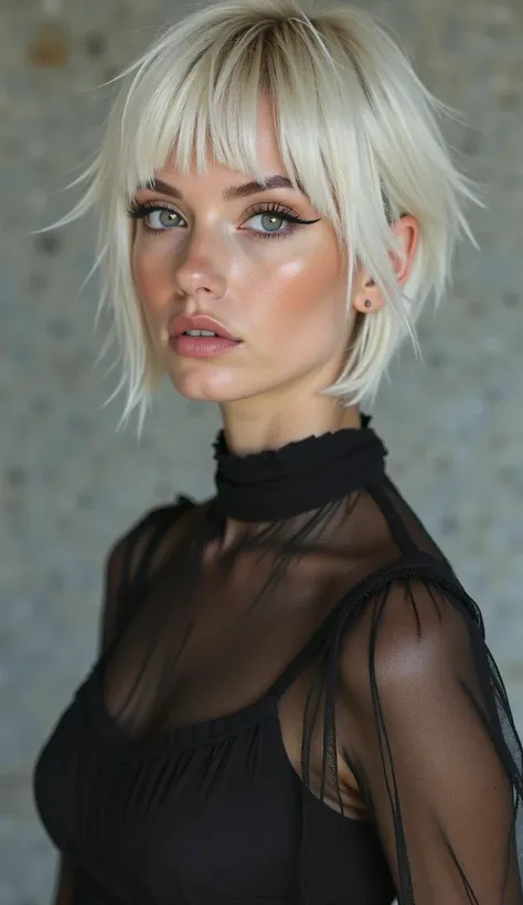 a portrait of a woman full body, open black transparent lace dress, with a very short blond hair, big green eyes, The eyes are lined with black, beautiful make-up, girl with short white hair, white bangs, white short hair, short white hair, white fringy ha...