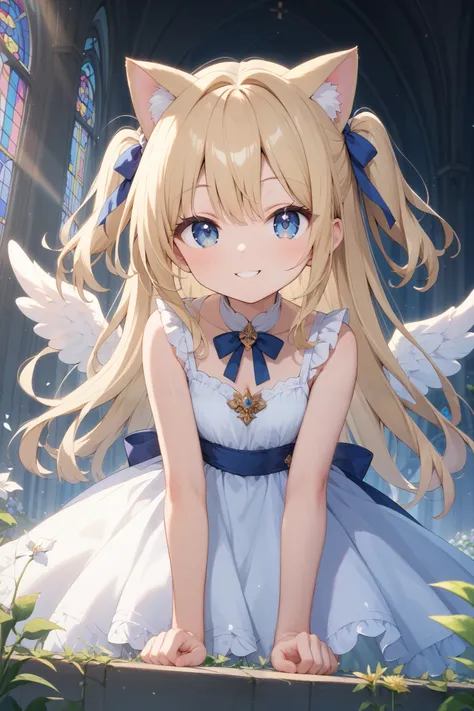 front view、standing up picture、
An angel girl flew down to church、
1 girl crouching, standing on stomach、smile、 long hair, Gold, two side up, 6 white wings、blue eyes, circle of angels in dark, Cat ears, cute face、White Dress、
photos、
High Resolution, m...