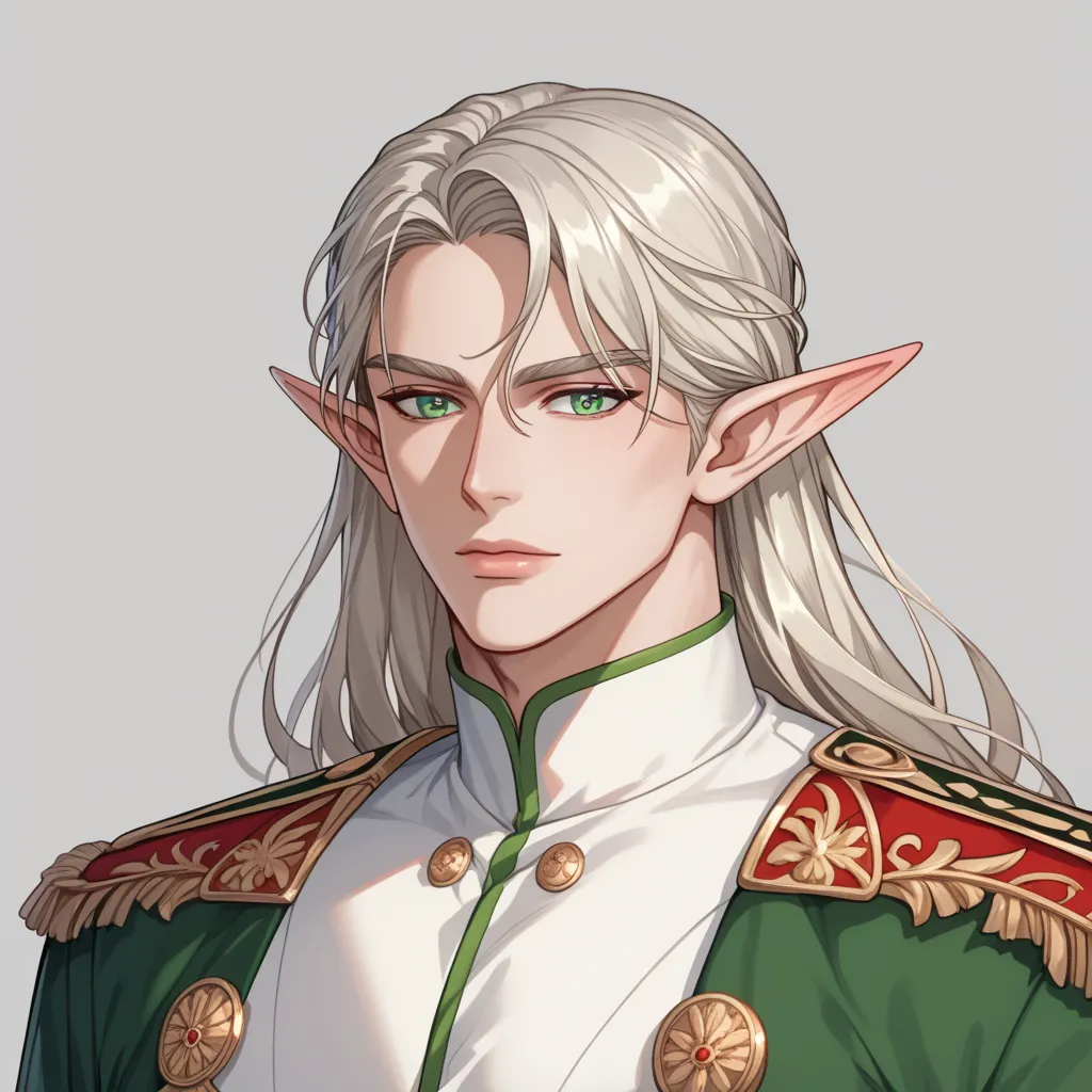 1man. Handsome male. Male elf. slightly pale skin. Platinum-Blonde hair. Long hair. Elf ears. Royal attire. mysterious expression. Green eyes. Militar clothes. looking forward. Simple background