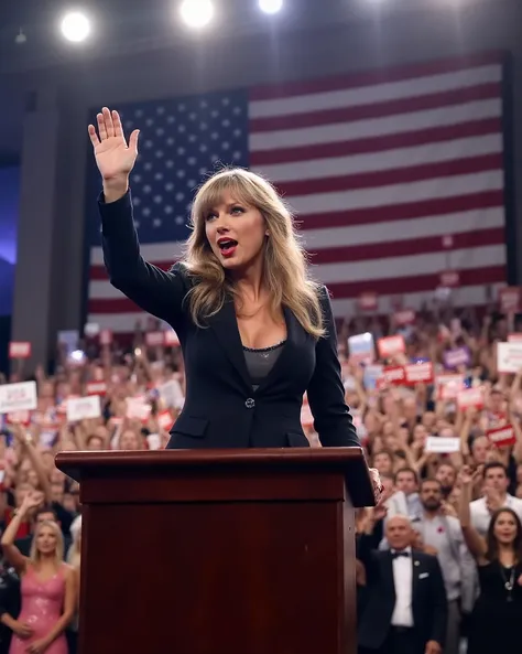 A realistic digital painting of Taylor Swift standing at a podium, delivering a powerful speech at a political campaign rally. She is dressed in an elegant, professional suit, exuding confidence and determination. Her expression is passionate as she raises...