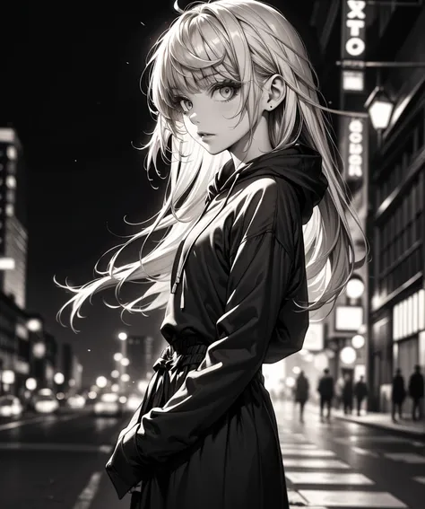 pale tones, monochrome, Awesome man, Long bangs, hipster girl,  A slim girl ,  gray hair , upper chest image, monochrome, black,  hoodie blouse , no background, City at night, From the side、black clothe、black costume, Also