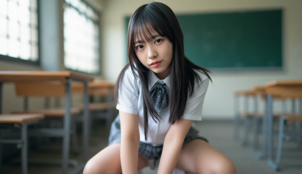 highest quality, Ultra High Resolution ,high school girl,1 person,full body,  black hair, serious expression,staring at the camera,beautiful skin,naked, tie,Low chest,small breasts,check skirt,White panties,thigh,after school,classroom,legs spread and squa...