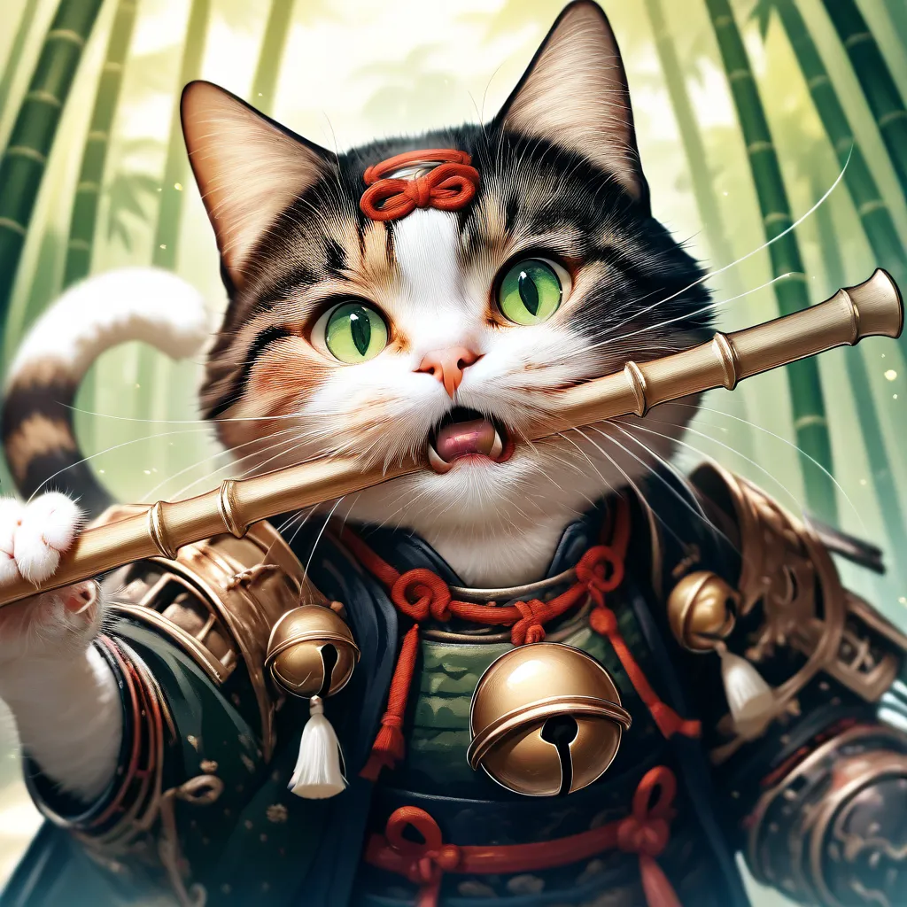 (masterpiece, best quality:1.2), animal focus, no humans, cat in samurai attire playing a bamboo flute (shakuhachi), open mouth slightly as if blowing into the flute, looking at viewer with focused green eyes, intricate armor design with rope and bell deta...