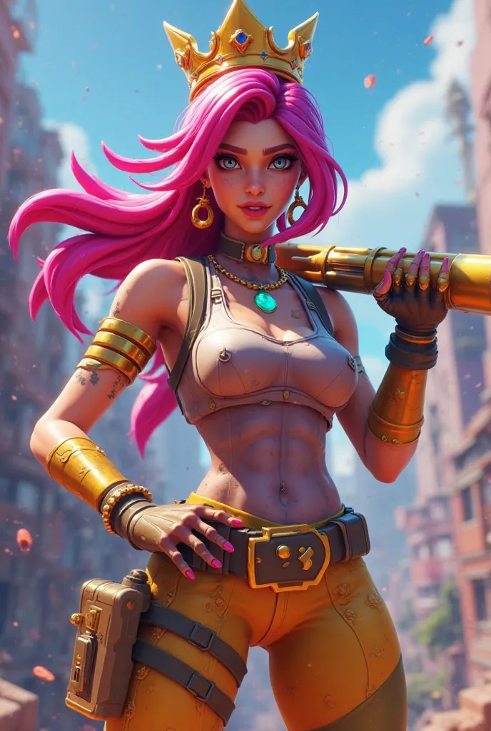 Fortnite girl with a gold shotgun on her shoulder and pink hair and a crown on her head 