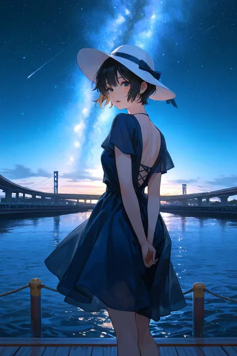 high quality, detailed. Summer Night、The surface of the river near the mouth that flows under the overpass in Yokohama、Where it sparkles like the Milky Way。Towards the back、standing on the pier and watching the surface of the river、wearing a white hat with...