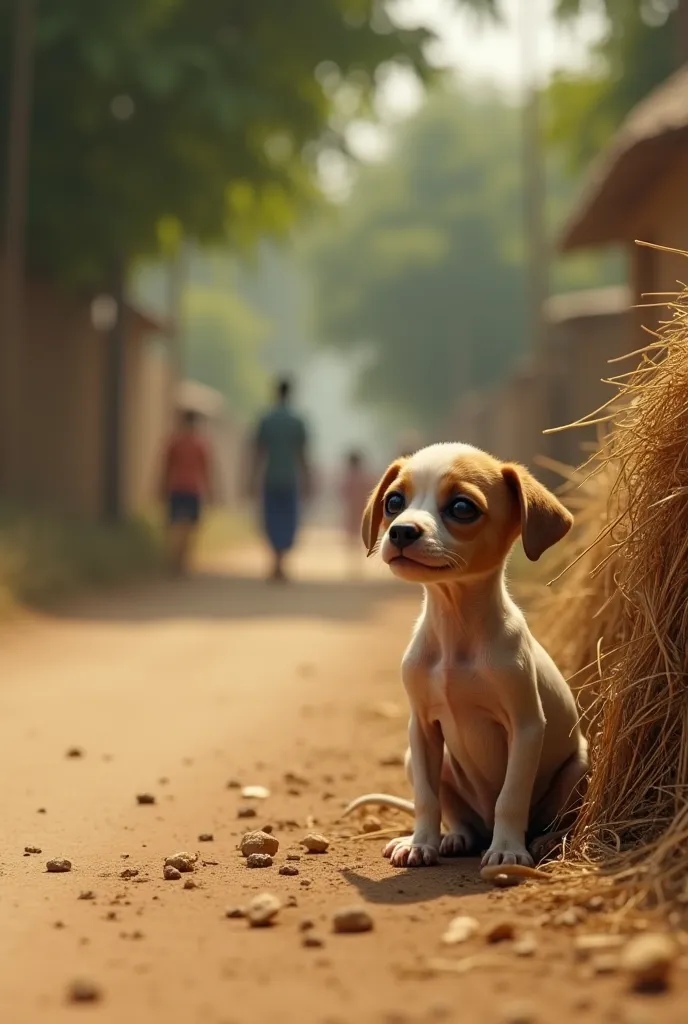 "On a dusty village road, Mohan discovers a small, frail puppy with light brown and white fur. The puppy, named Tommy, has large, sad eyes and slightly dirty fur. He sits beside a haystack, looking up at Mohan with a hopeful expression. The background incl...