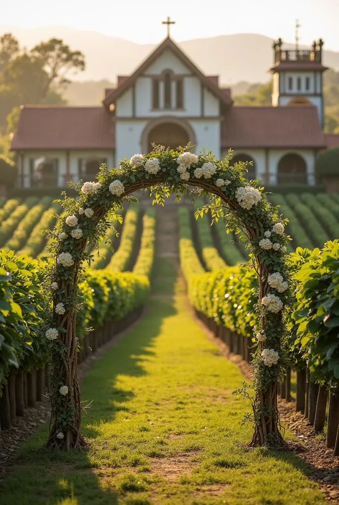 A coffee plantation with rows of green coffee trees stretches across the scene. In the background, a rustic wedding setup is arranged in a farmhouse. In the background of the plantation is an elegant chapel. Coffee flower arrangements decorate the space. A...