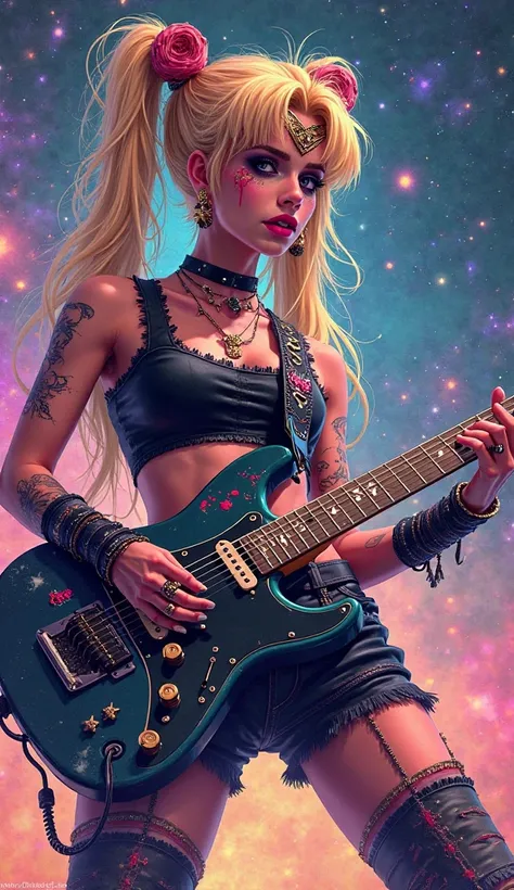 Color sketch. Masterpiece. Open space. Dynamic plot. illustration. solo. punk sailor moon plays heavy metal guitar. High detail. 16K. Space background.