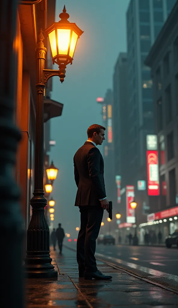 A Lone Figure Under a Streetlamp, A scene from the movie 、007,  night city、James Bond stands quietly with a gun under a streetlight