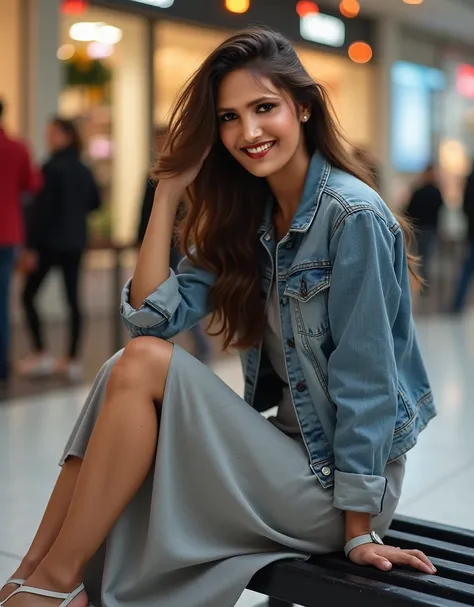 A Realistic high quality no dismemberment 3D AI model and HD face of a confident White indian Woman 2 posing elegantly for a full shot body photo for you smiling showing teeth at you inside a Mall in St.Petersburg Russia having long Brown hair with Blue ey...